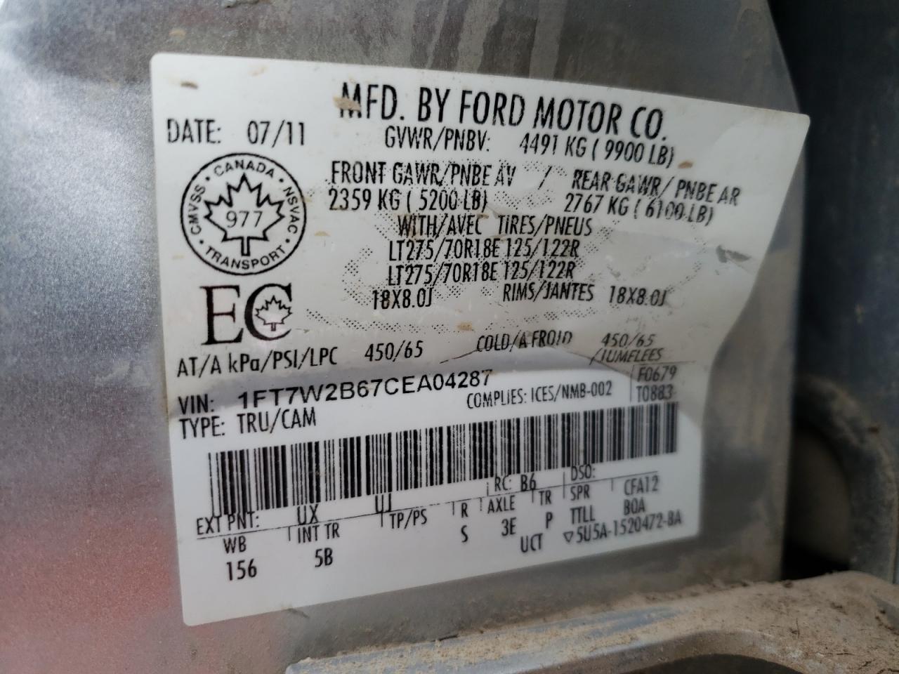 Photo 10 from auction – 2012 FORD F250 SUPER with VIN 1FT7W2B67CEA04287
