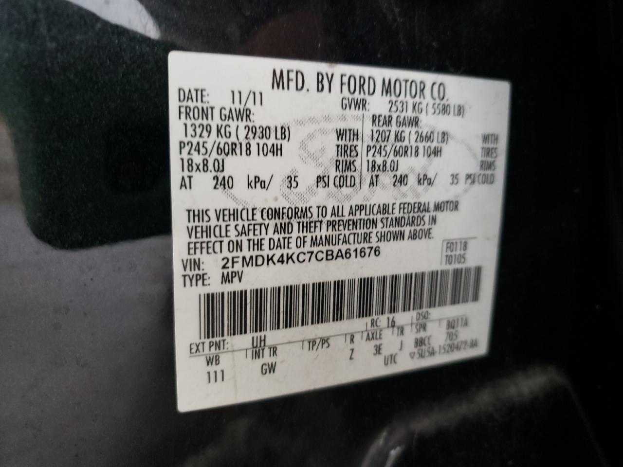 Photo 10 from auction – 2012 FORD EDGE LIMIT with VIN 2FMDK4KC7CBA61676