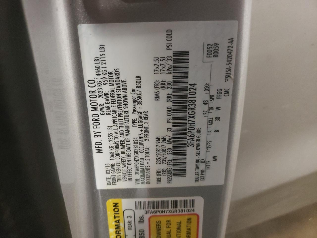 Photo 10 from auction – 2016 FORD FUSION SE with VIN 3FA6P0H7XGR381024