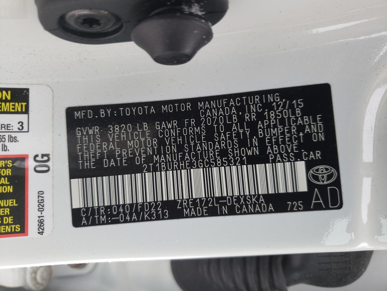 Photo 10 from auction – 2016 TOYOTA COROLLA L with VIN 2T1BURHE3GC585321