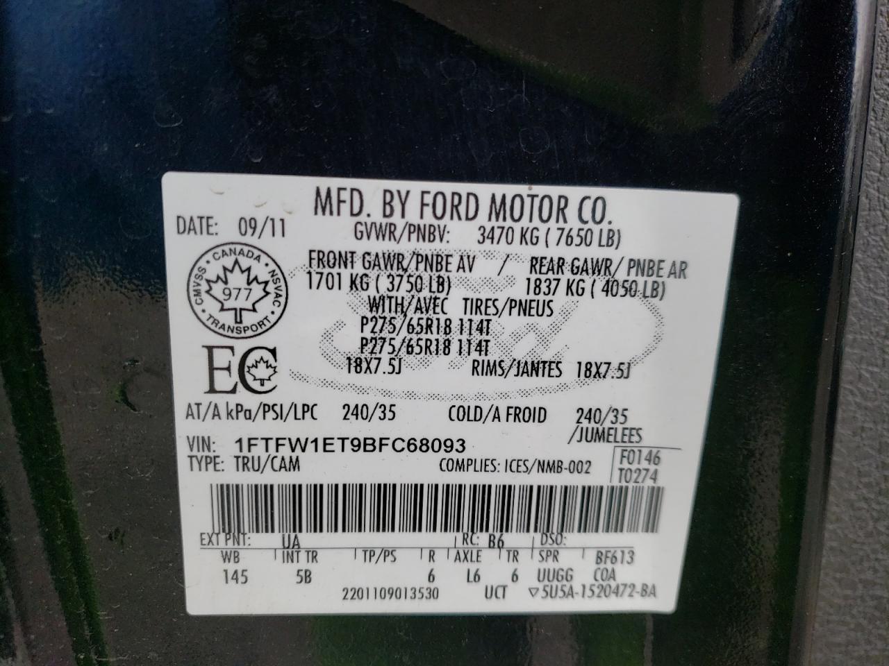 Photo 10 from auction – 2011 FORD F150 SUPER with VIN 1FTFW1ET9BFC68093