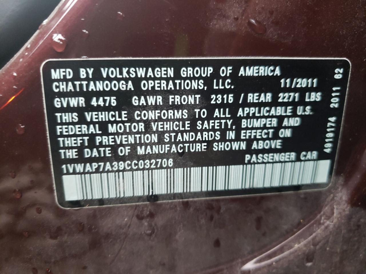 Photo 10 from auction – 2012 VOLKSWAGEN PASSAT S with VIN 1VWAP7A39CC032706