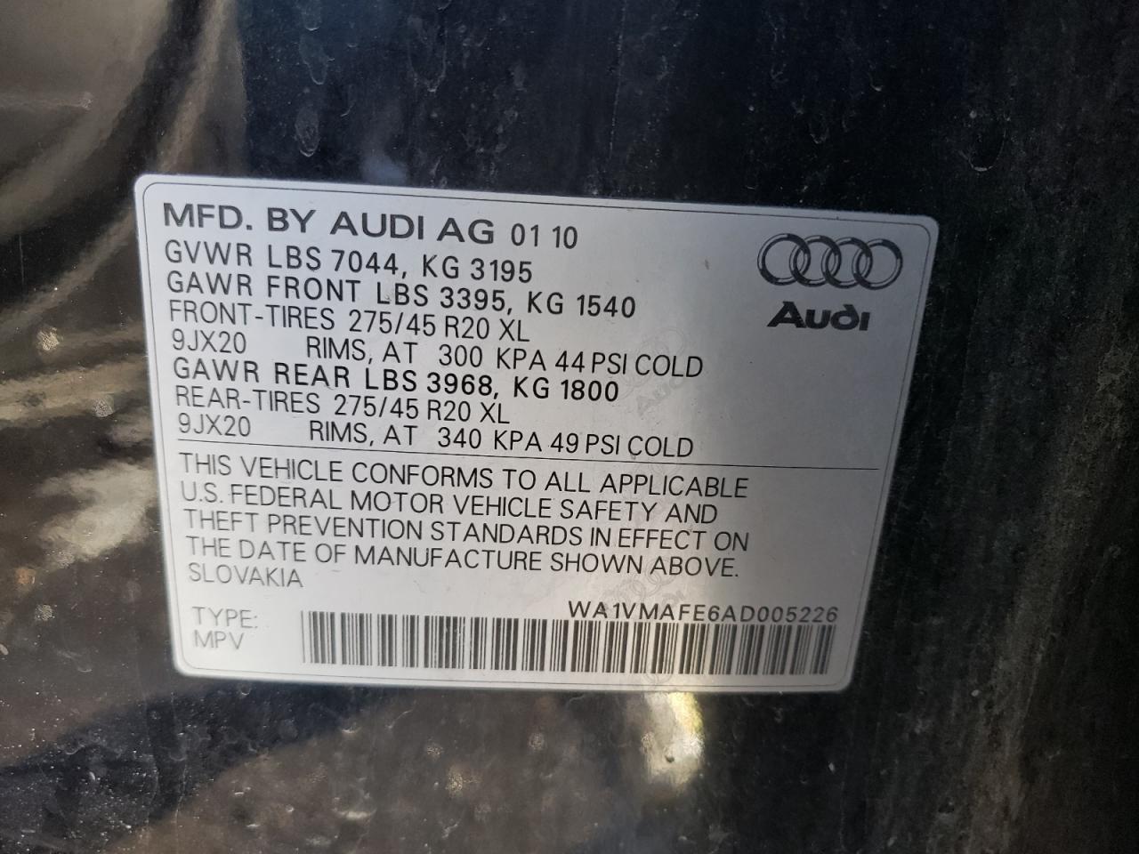 Photo 10 from auction – 2010 AUDI Q7 PRESTIG with VIN WA1VMAFE6AD005226