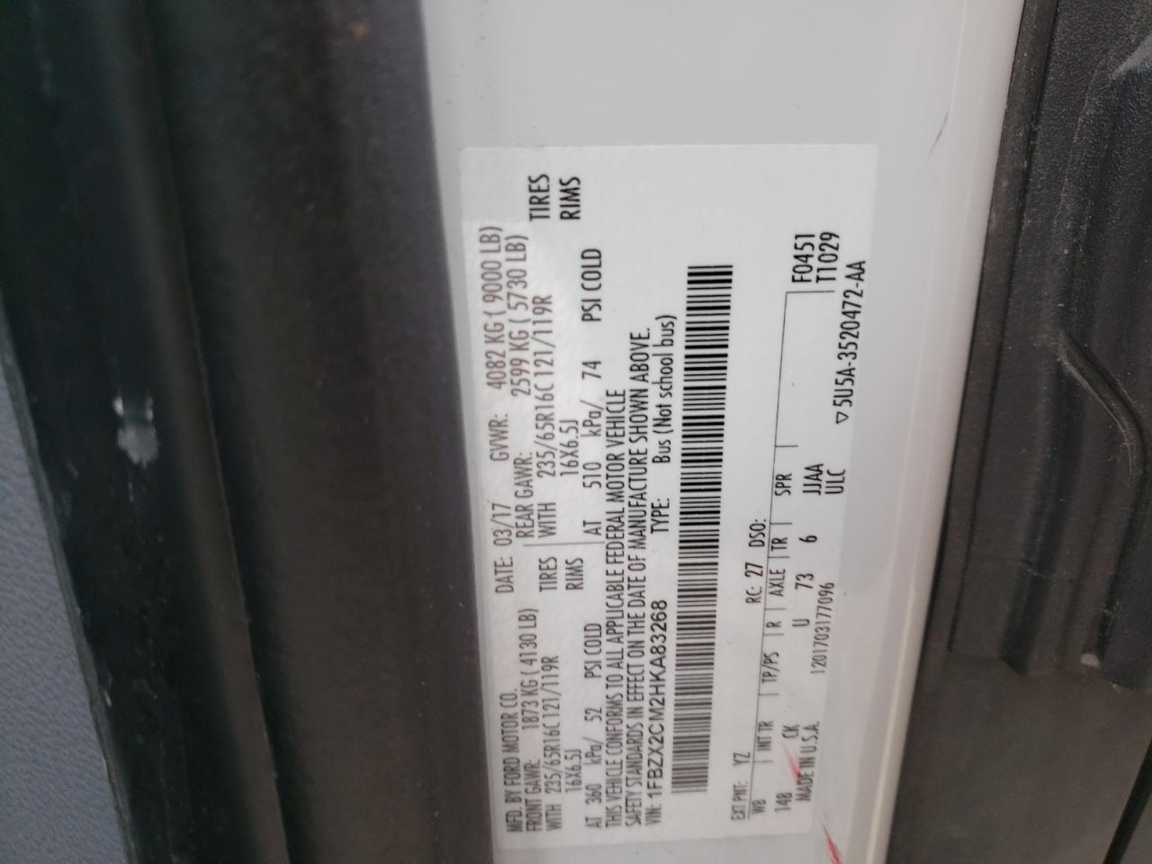 Photo 10 from auction – 2017 FORD TRANSIT T- with VIN 1FBZX2CM2HKA83268