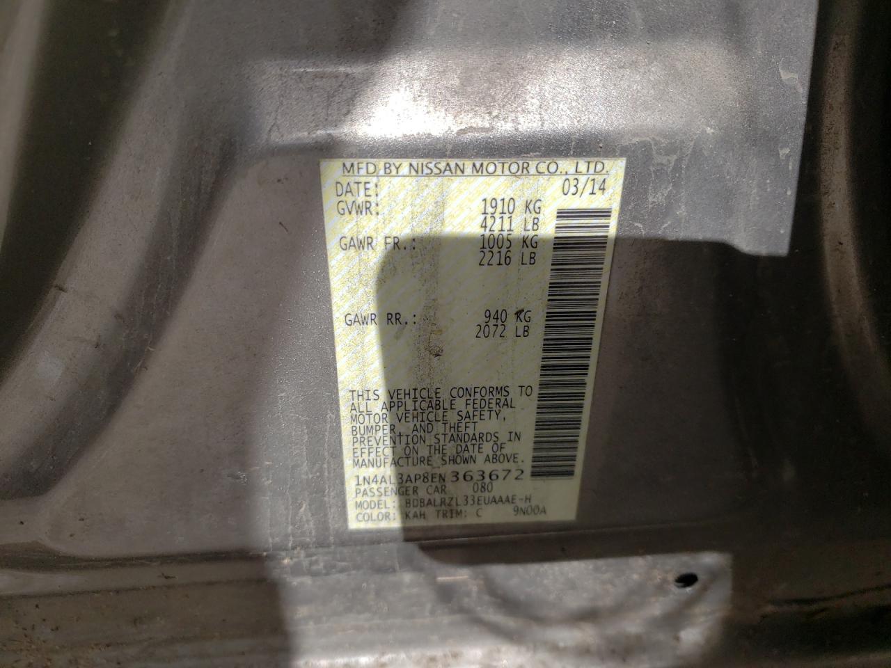 Photo 10 from auction – 2014 NISSAN ALTIMA 2.5 with VIN 1N4AL3AP8EN363672