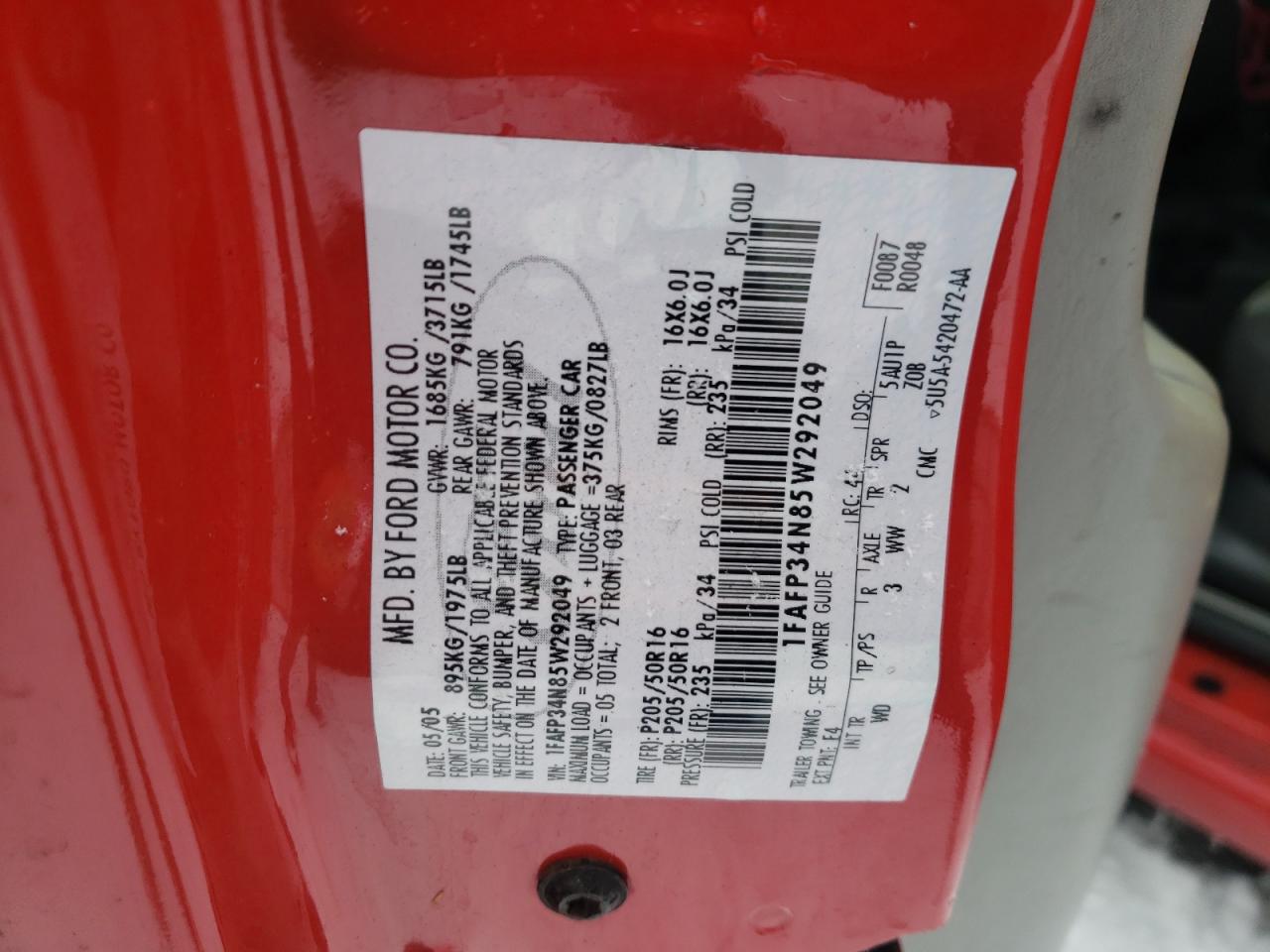 Photo 10 from auction – 2005 FORD FOCUS ZX4 with VIN 1FAFP34N85W292049