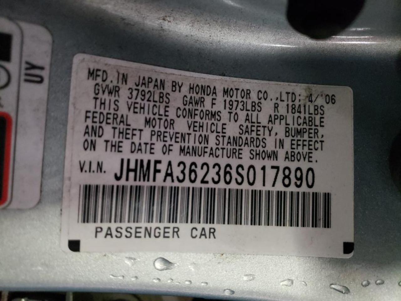 Photo 10 from auction – 2006 HONDA CIVIC HYBR with VIN JHMFA36236S017890