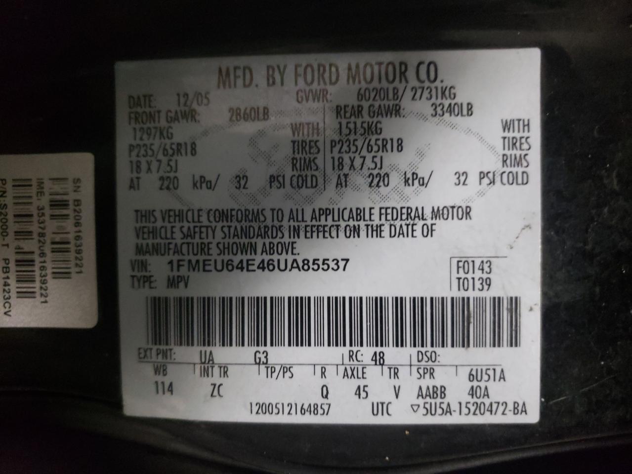 Photo 10 from auction – 2006 FORD EXPLORER E with VIN 1FMEU64E46UA85537