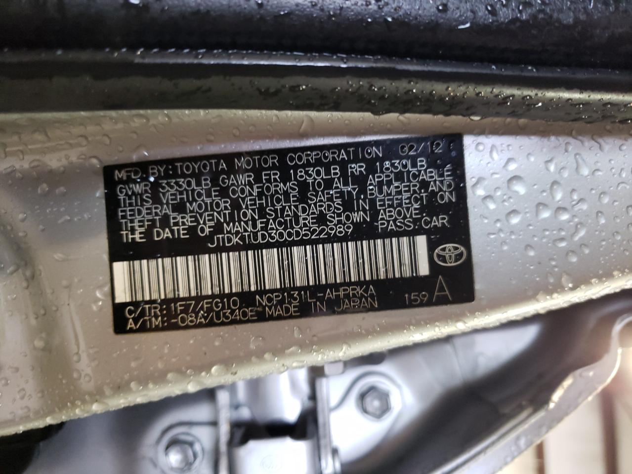 Photo 10 from auction – 2012 TOYOTA YARIS with VIN JTDKTUD30CD522989