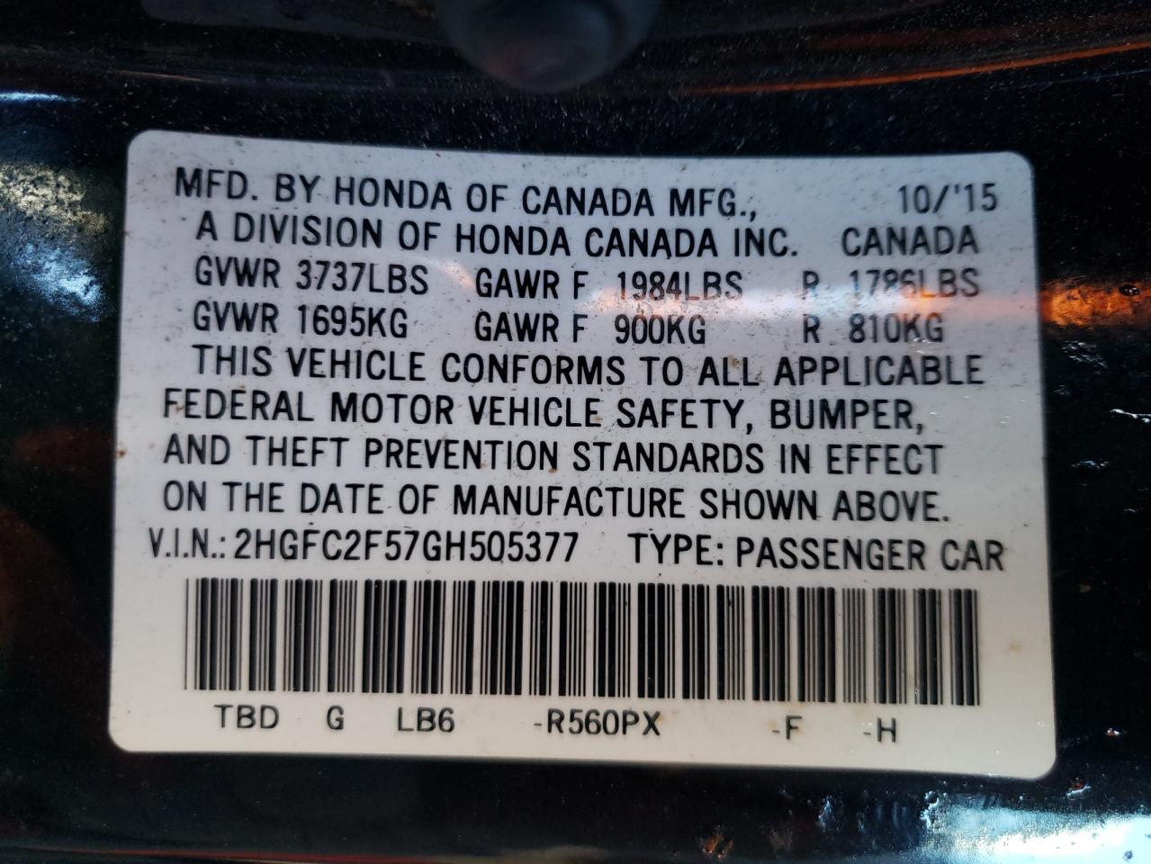 Photo 10 from auction – 2016 HONDA CIVIC LX with VIN 2HGFC2F57GH505377