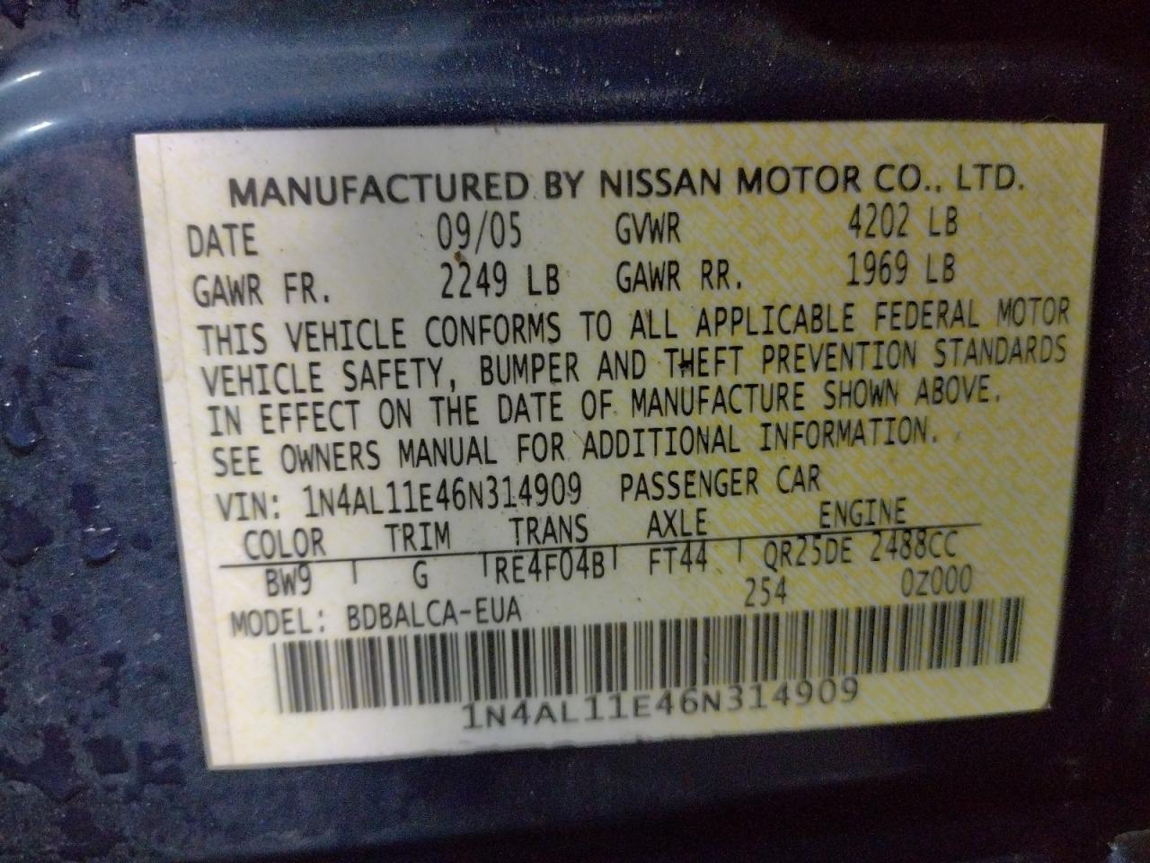 Photo 10 from auction – 2006 NISSAN ALTIMA S with VIN 1N4AL11E46N314909