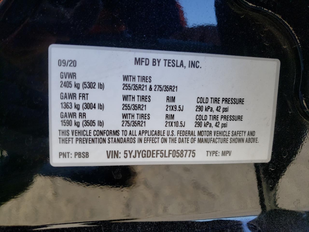 Photo 10 from auction – 2020 TESLA MODEL Y with VIN 5YJYGDEF5LF058775