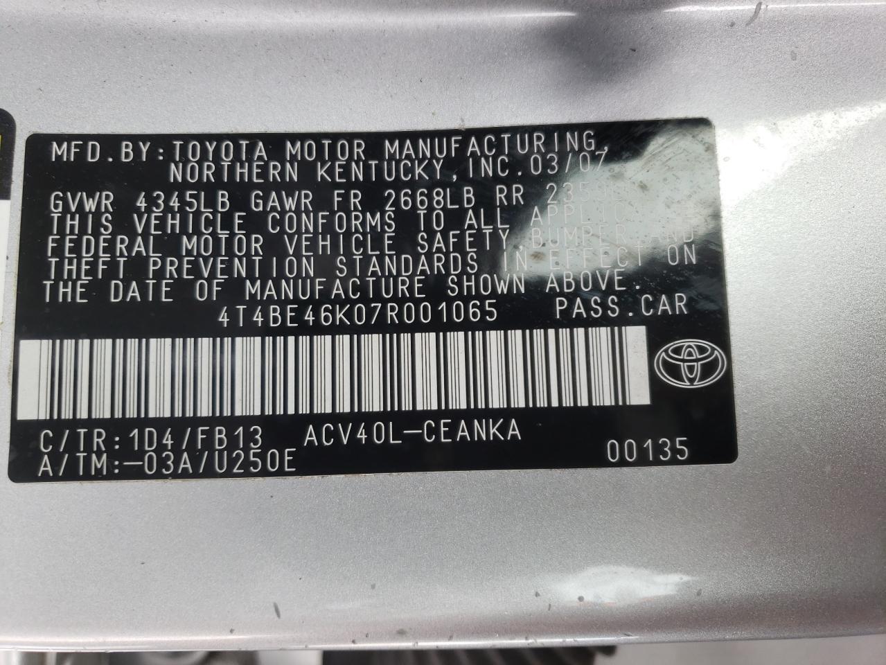 Photo 10 from auction – 2007 TOYOTA CAMRY CE with VIN 4T4BE46K07R001065