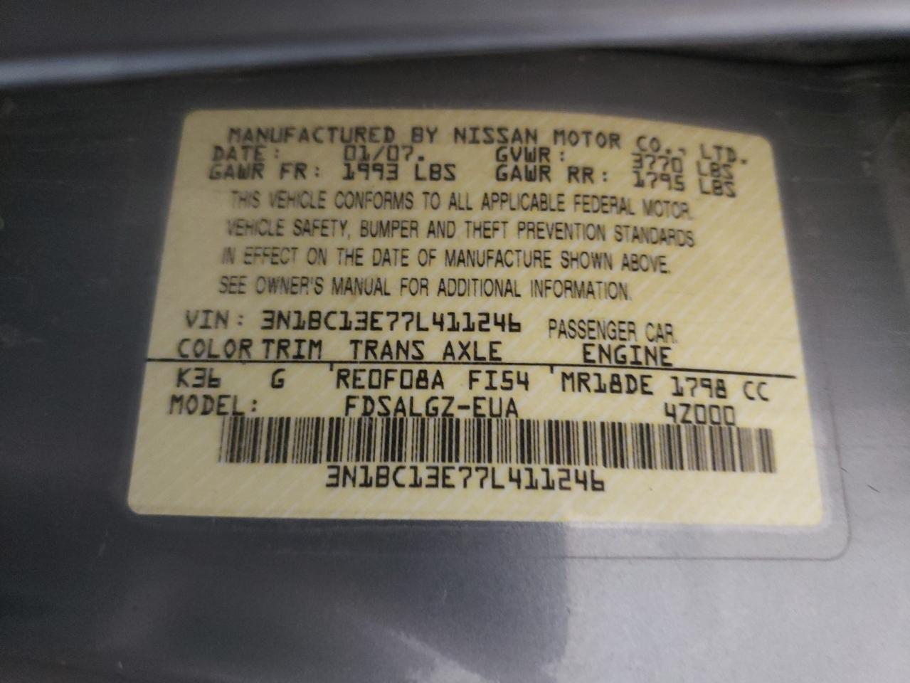 Zdjęcie 10 z aukcji – 2007 NISSAN VERSA S z VIN 3N1BC13E77L411246