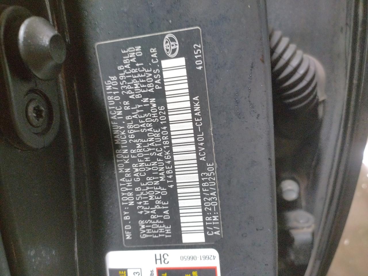 Photo 10 from auction – 2008 TOYOTA CAMRY CE with VIN 4T4BE46K18R041026