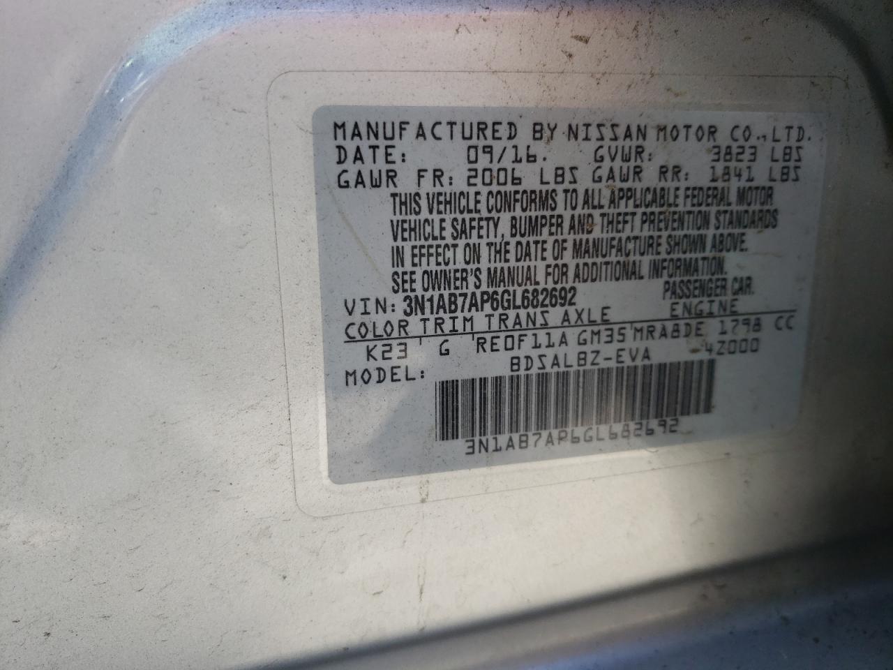 Photo 10 from auction – 2016 NISSAN SENTRA S with VIN 3N1AB7AP6GL682692