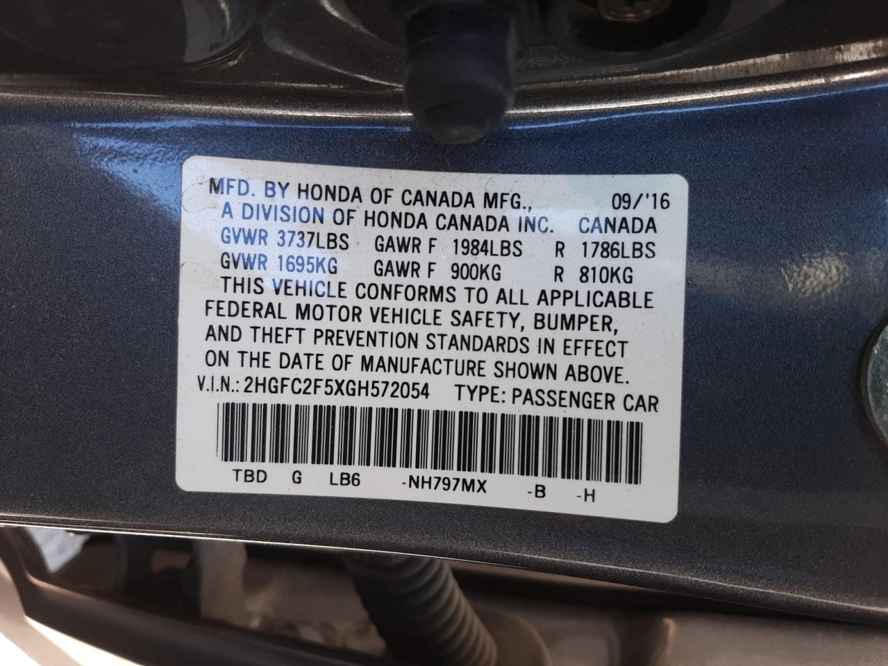 Photo 10 from auction – 2016 HONDA CIVIC LX with VIN 2HGFC2F5XGH572054