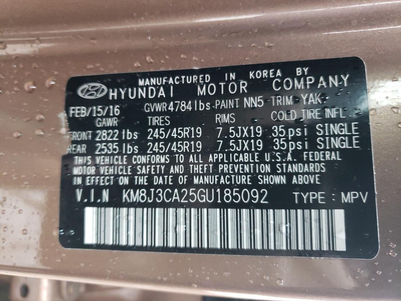 Photo 10 from auction – 2016 HYUNDAI TUCSON LIM with VIN KM8J3CA25GU185092