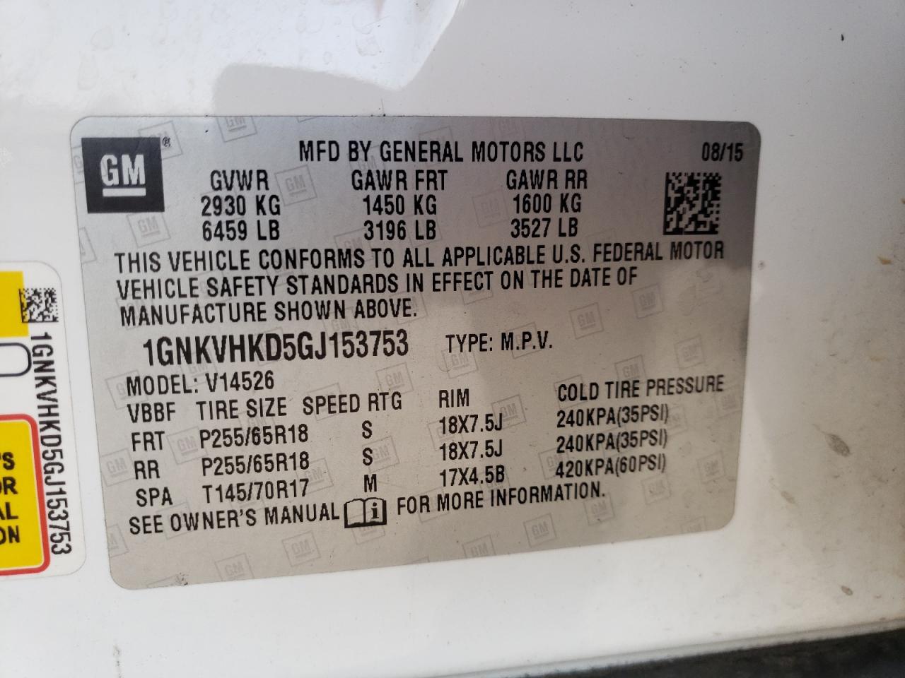 Photo 10 from auction – 2016 CHEVROLET TRAVERSE L with VIN 1GNKVHKD5GJ153753