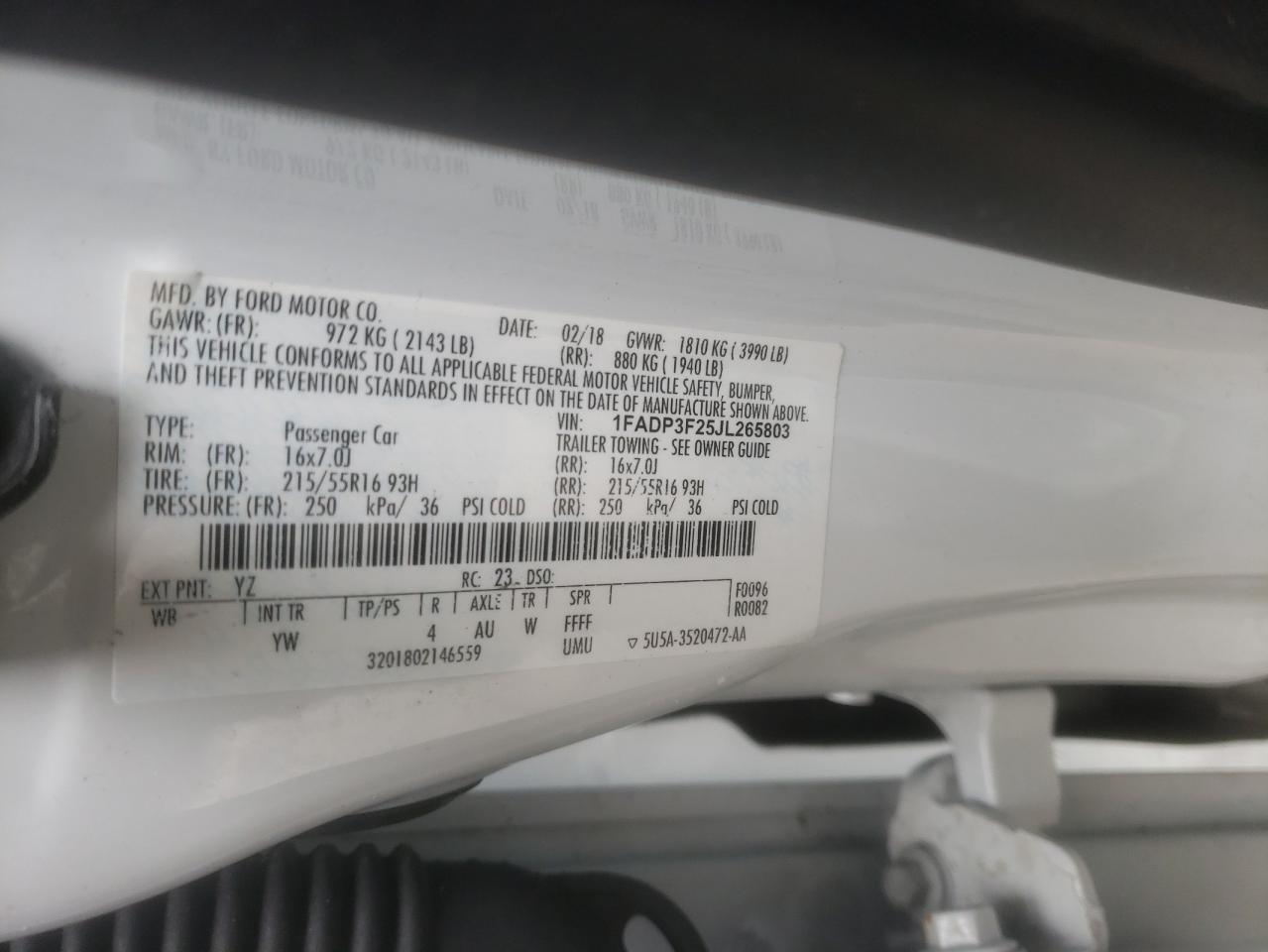 Photo 10 from auction – 2018 FORD FOCUS SE with VIN 1FADP3F25JL265803