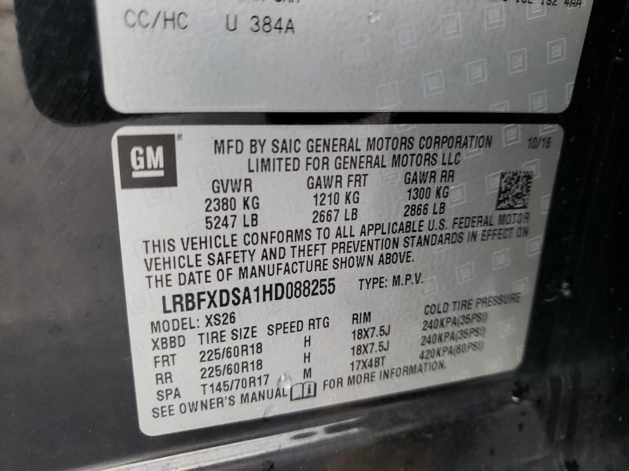 Photo 10 from auction – 2017 BUICK ENVISION E with VIN LRBFXDSA1HD088255