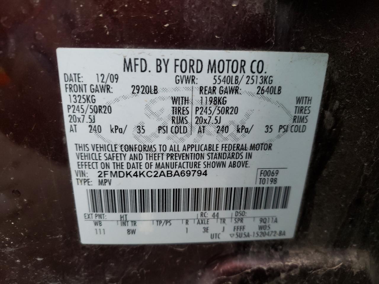 Photo 10 from auction – 2010 FORD EDGE LIMIT with VIN 2FMDK4KC2ABA69794