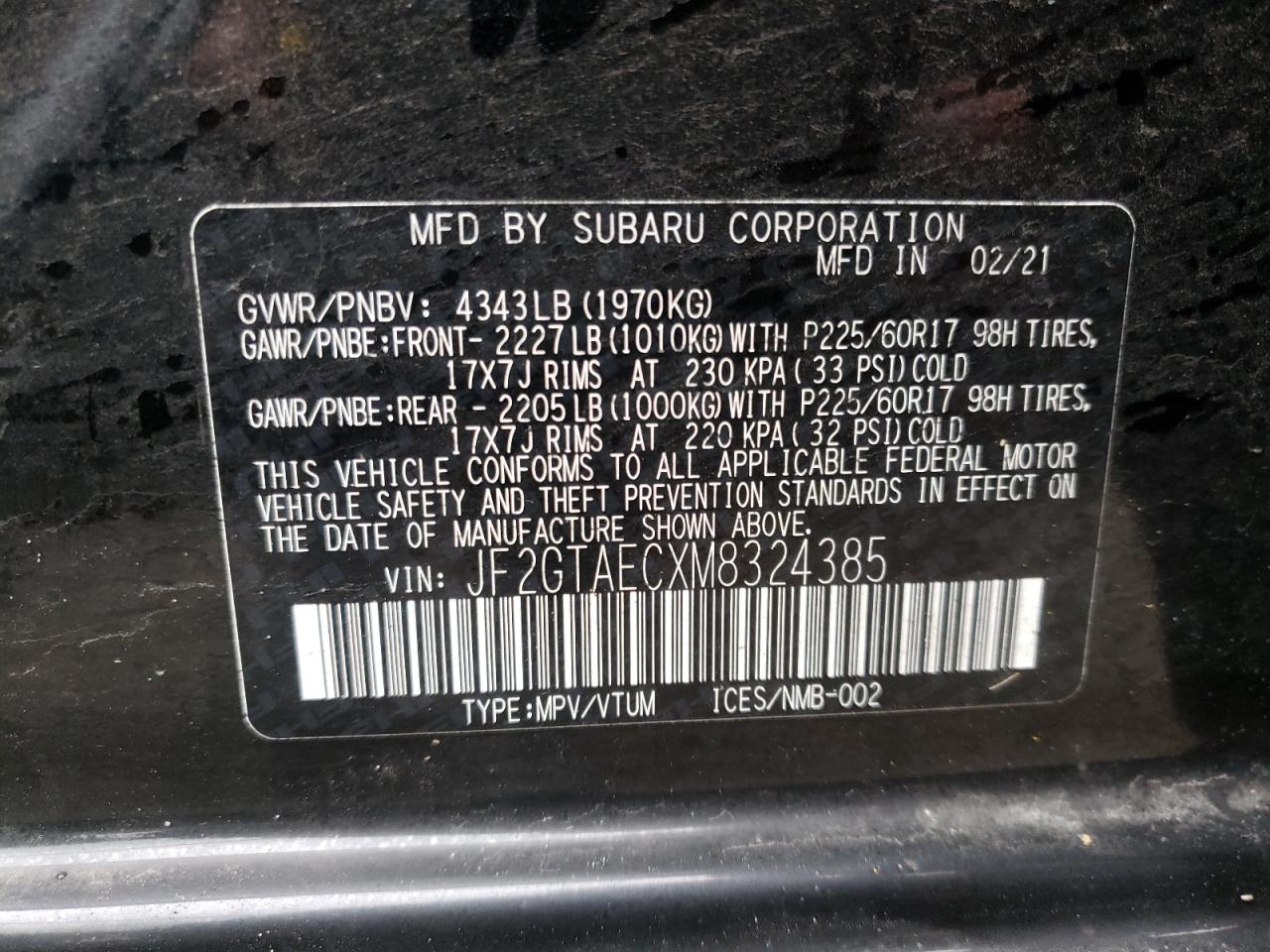 Photo 10 from auction – 2021 SUBARU CROSSTREK with VIN JF2GTAECXM8324385