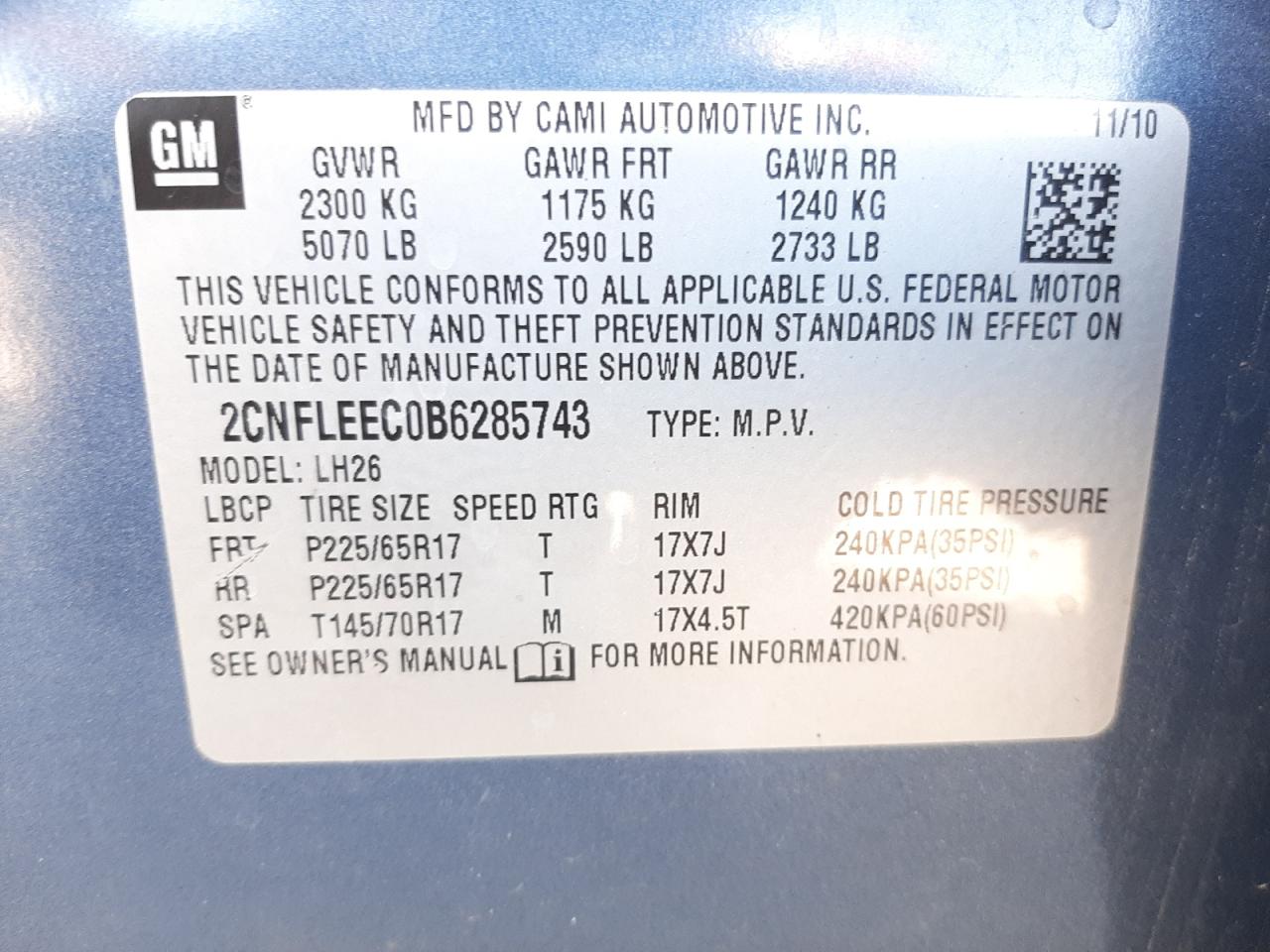 Photo 10 from auction – 2011 CHEVROLET EQUINOX LT with VIN 2CNFLEEC0B6285743