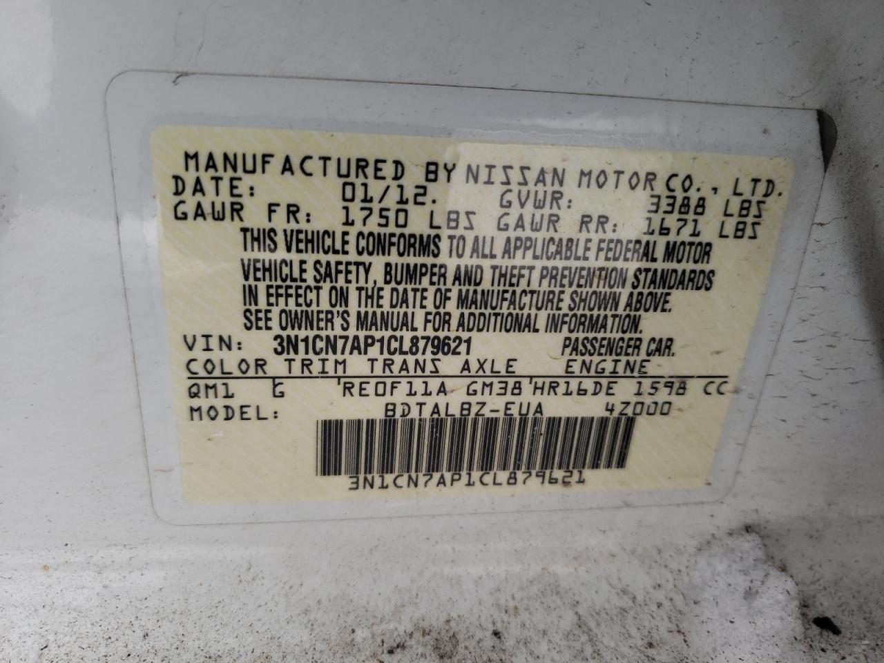Фото 10 с аукциона – 2012 NISSAN VERSA S с VIN 3N1CN7AP1CL879621