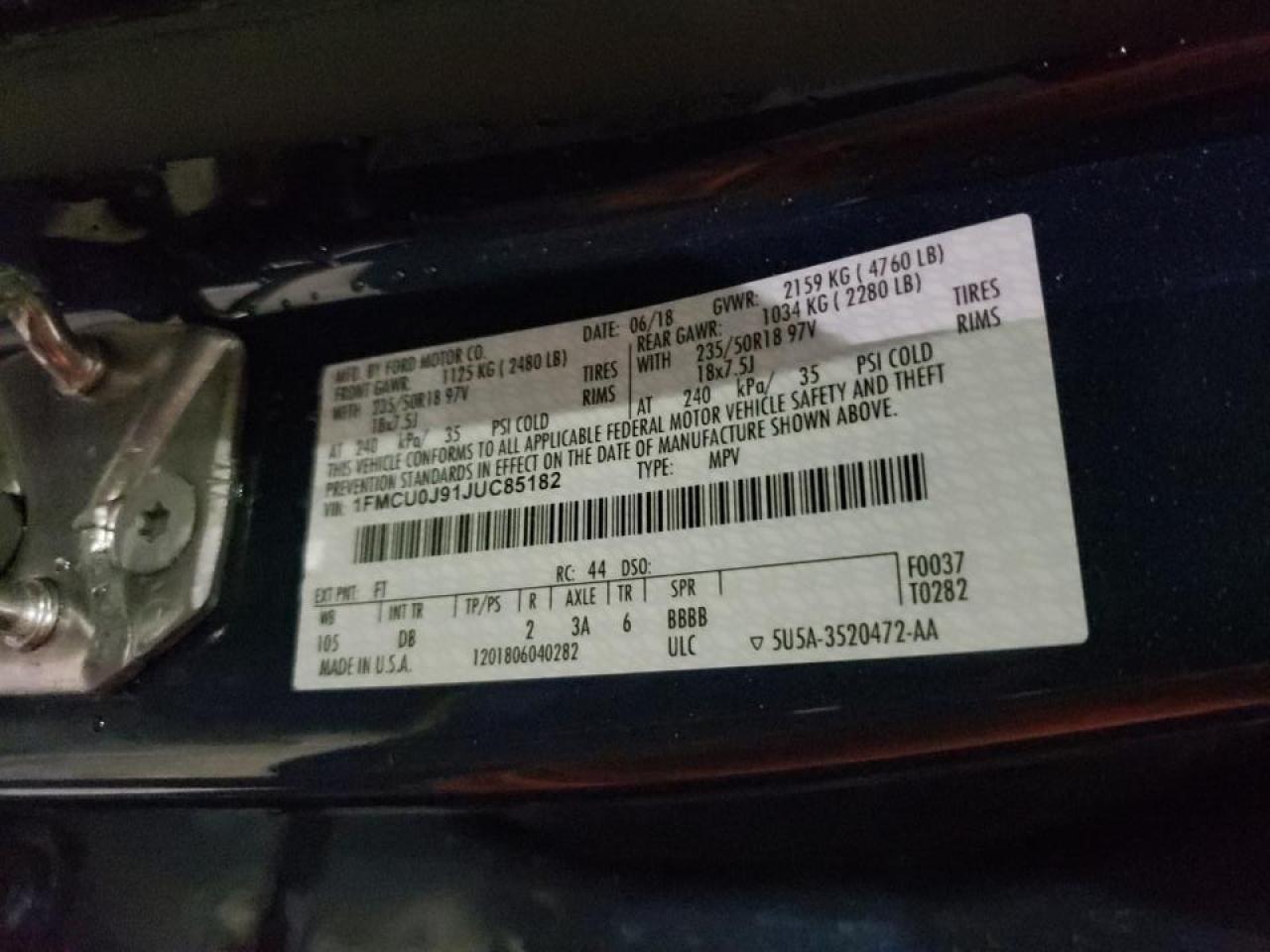 Photo 10 from auction – 2018 FORD ESCAPE TIT with VIN 1FMCU0J91JUC85182