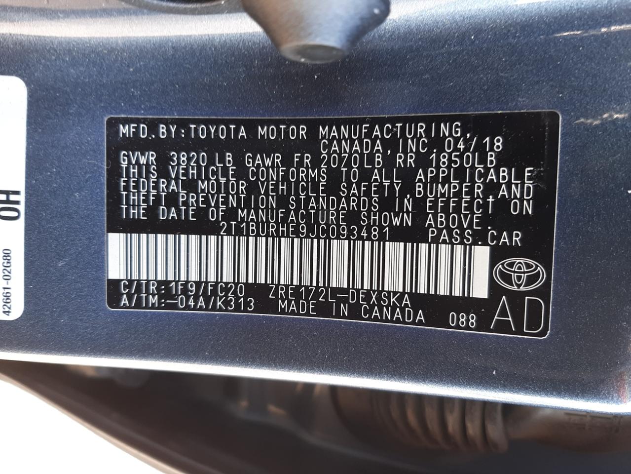 Photo 10 from auction – 2018 TOYOTA COROLLA L with VIN 2T1BURHE9JC093481