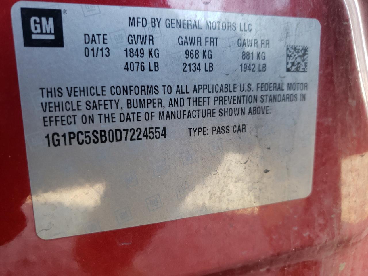 Photo 10 from auction – 2013 CHEVROLET CRUZE LT with VIN 1G1PC5SB0D7224554