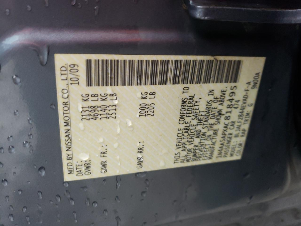 Photo 10 from auction – 2010 NISSAN MAXIMA S with VIN 1N4AA5APXAC818495