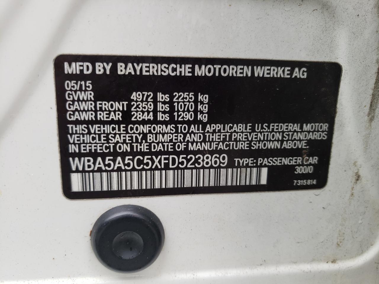 Photo 10 from auction – 2015 BMW 528 I with VIN WBA5A5C5XFD523869