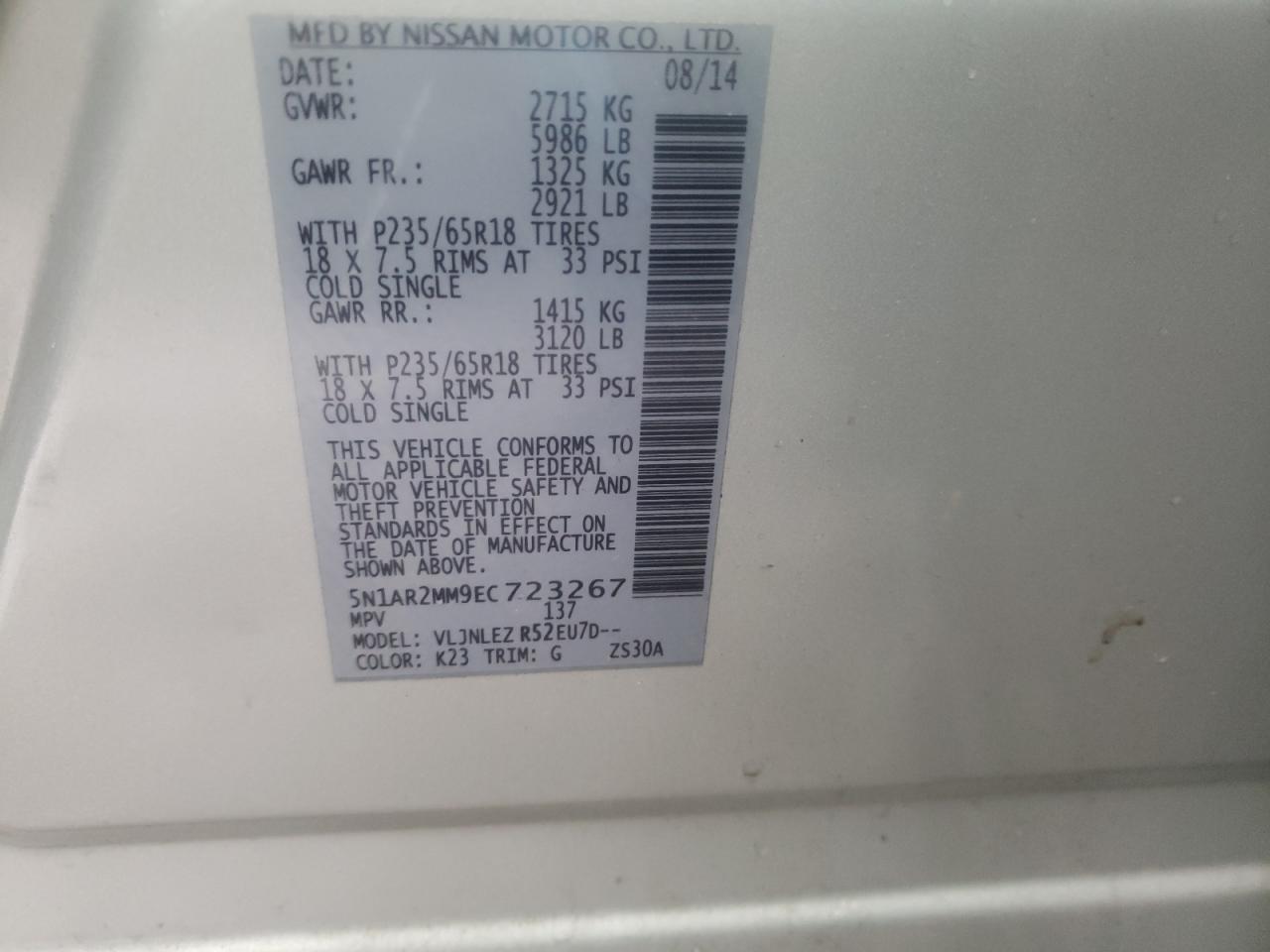 Photo 10 from auction – 2014 NISSAN PATHFINDER with VIN 5N1AR2MM9EC723267