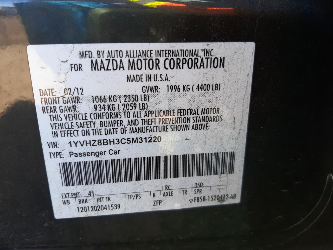 Photo 10 from auction – 2012 MAZDA 6 I with VIN 1YVHZ8BH3C5M31220