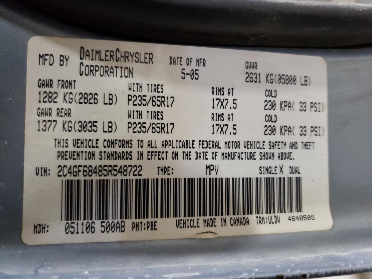Photo 10 from auction – 2005 CHRYSLER PACIFICA with VIN 2C4GF68485R548722