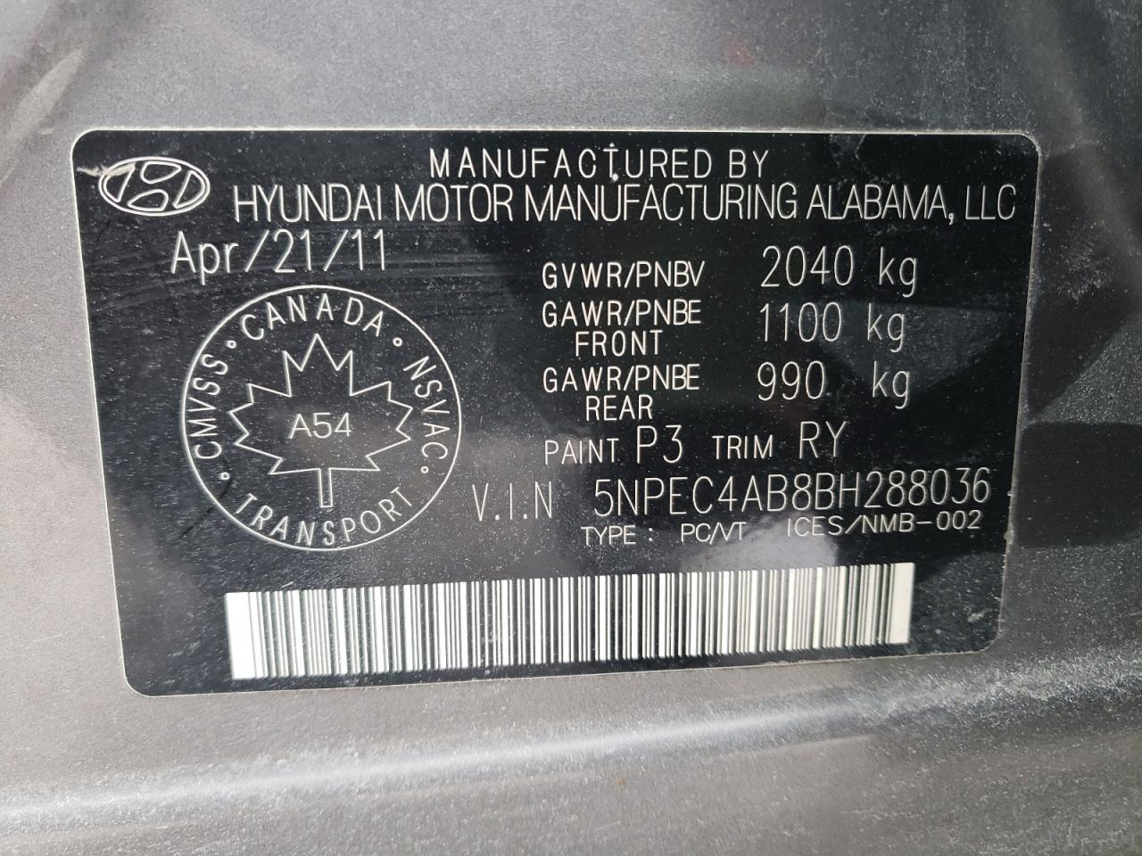 Photo 10 from auction – 2011 HYUNDAI SONATA SE with VIN 5NPEC4AB8BH288036