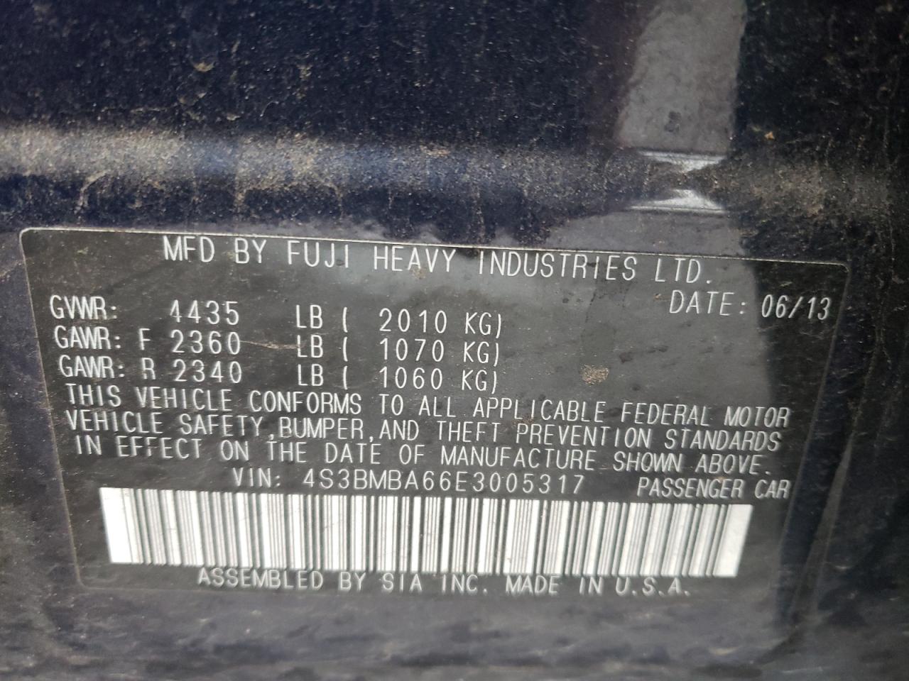 Photo 10 from auction – 2014 SUBARU LEGACY 2.5 with VIN 4S3BMBA66E3005317