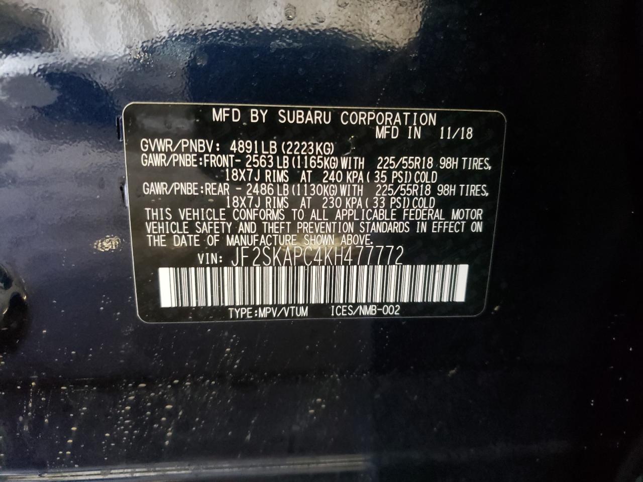 Photo 10 from auction – 2019 SUBARU FORESTER S with VIN JF2SKAPC4KH477772