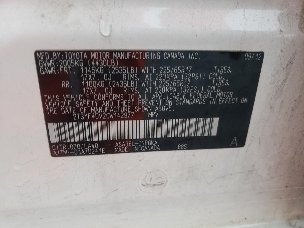 Photo 10 from auction – 2012 TOYOTA RAV4 LIMIT with VIN 2T3YF4DV2CW142977