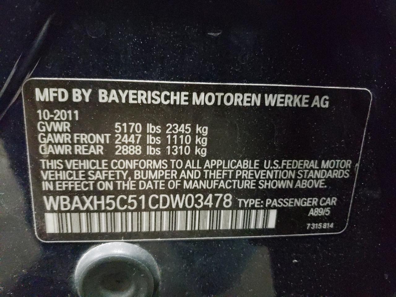 Photo 10 from auction – 2012 BMW 528 XI with VIN WBAXH5C51CDW03478