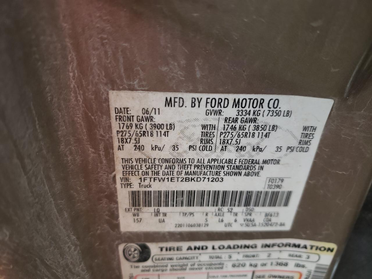 Photo 10 from auction – 2011 FORD F150 SUPER with VIN 1FTFW1ET2BKD71203