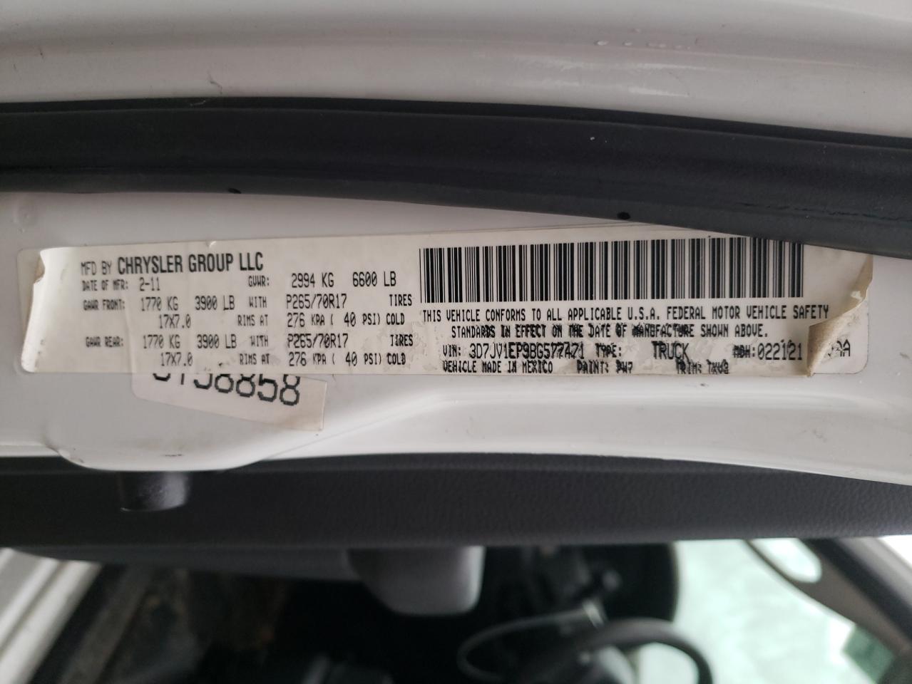 Photo 10 from auction – 2011 DODGE RAM 1500 with VIN 3D7JV1EP9BG577471