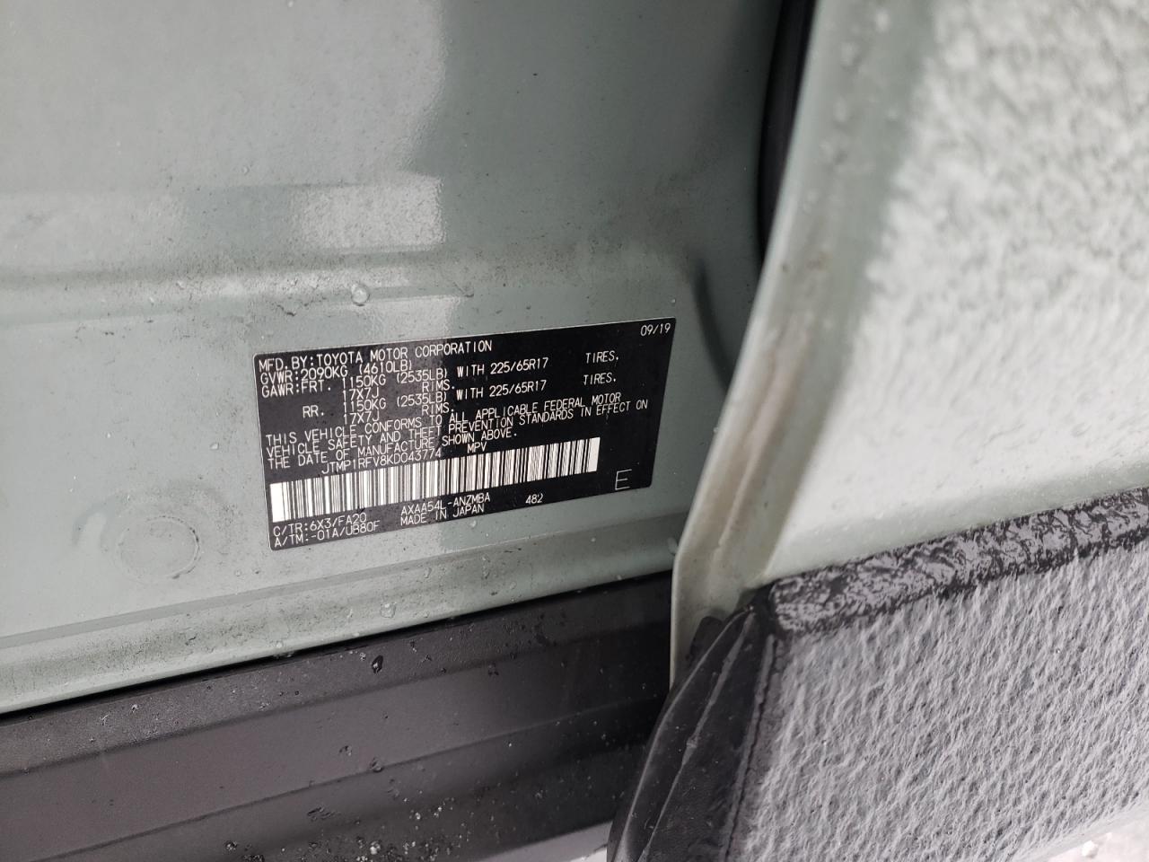 Photo 10 from auction – 2019 TOYOTA RAV4 XLE with VIN JTMP1RFV8KD043774