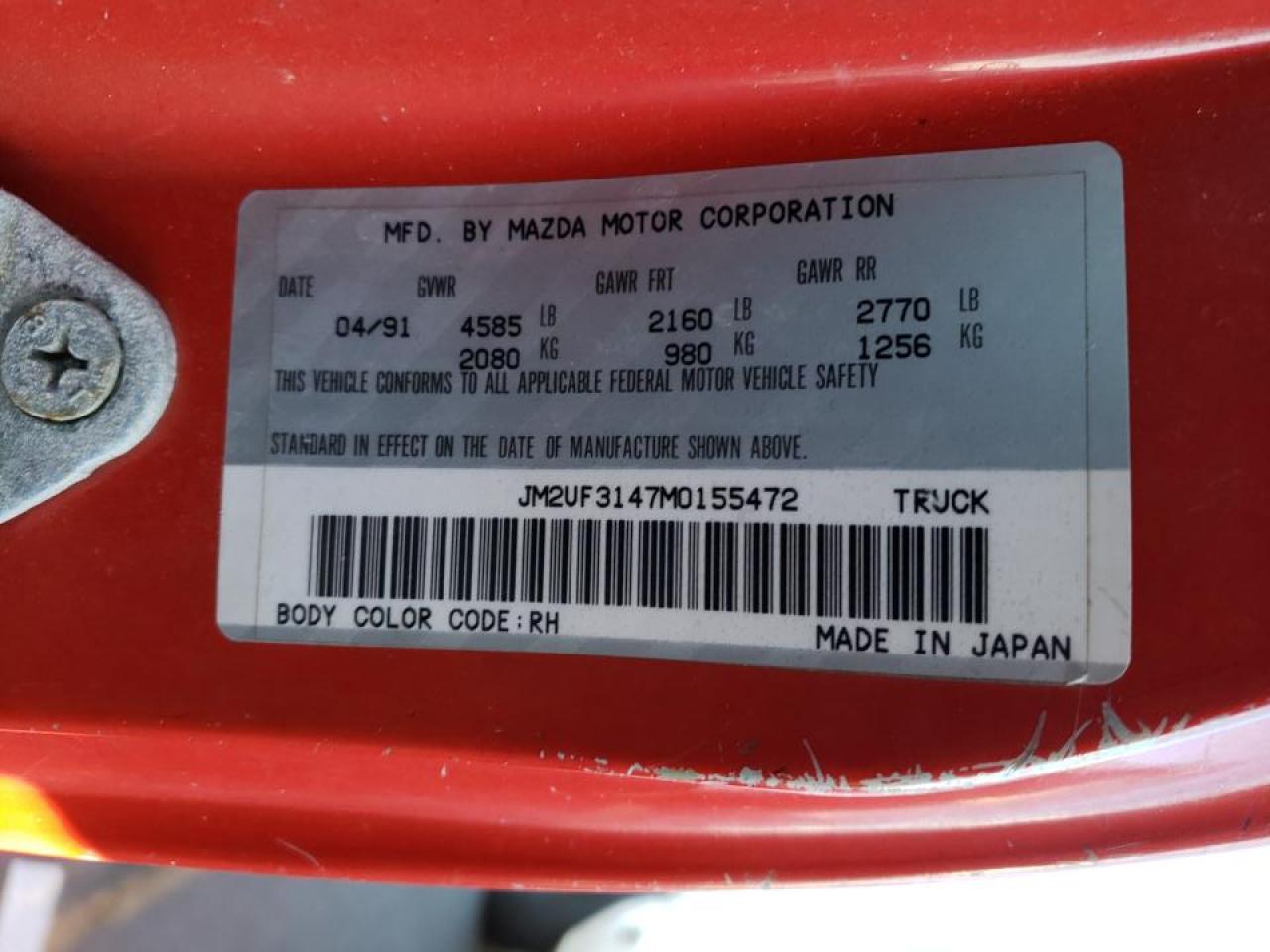 Photo 10 from auction – 1991 MAZDA B2600 CAB with VIN JM2UF3147M0155472