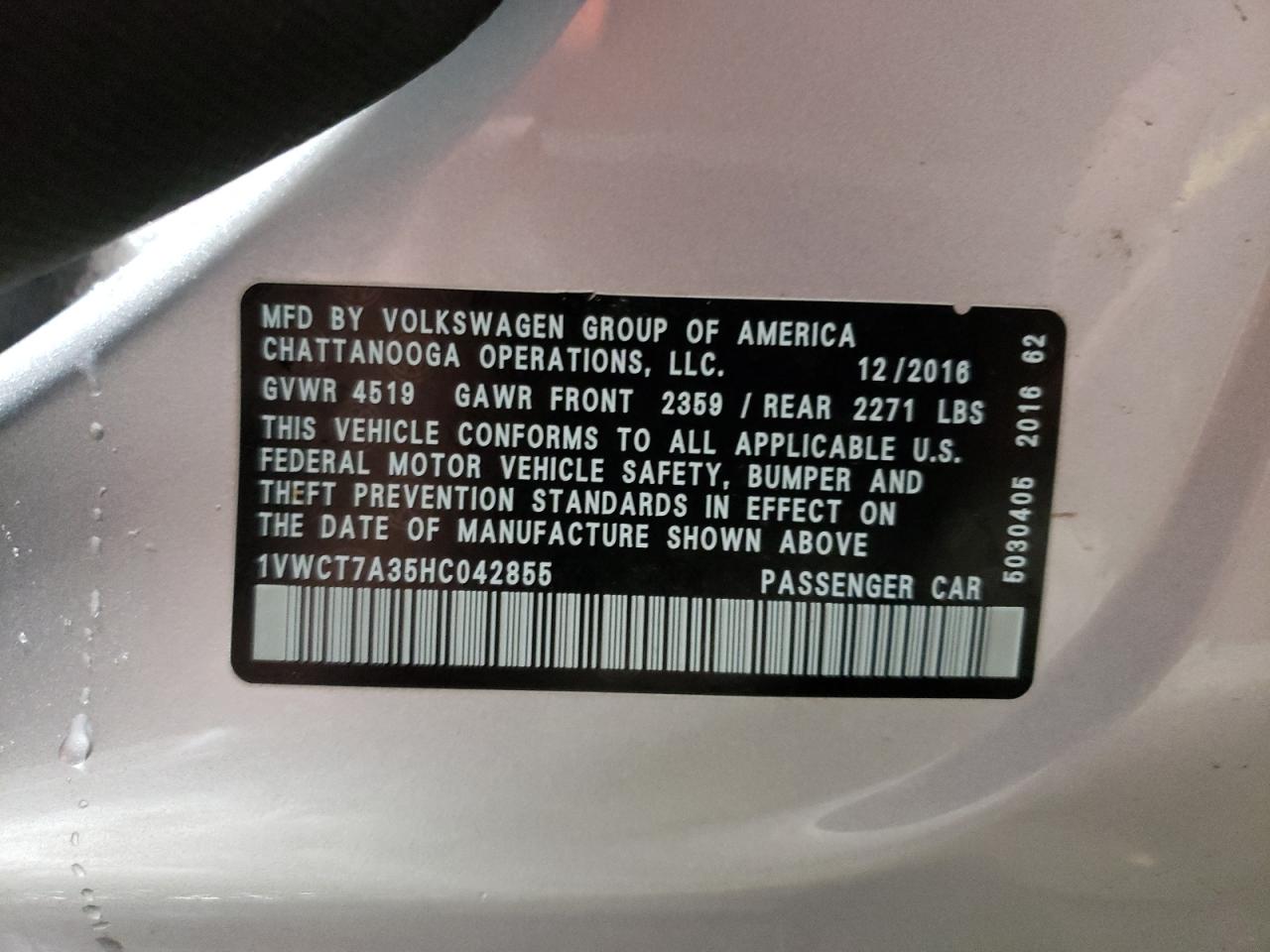 Photo 10 from auction – 2017 VOLKSWAGEN PASSAT SEL with VIN 1VWCT7A35HC042855