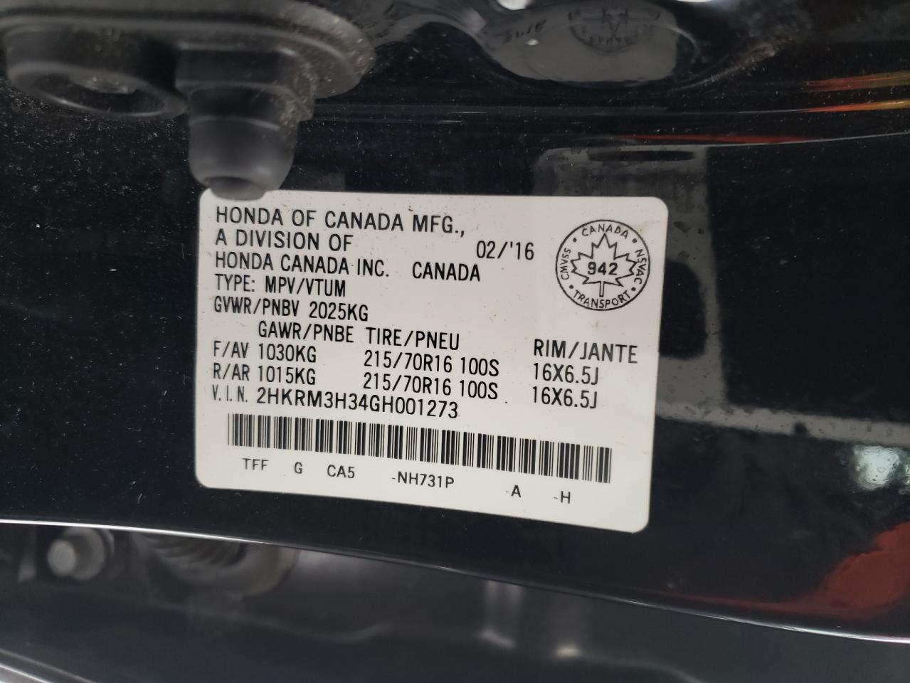 Photo 10 from auction – 2016 HONDA CR-V LX with VIN 2HKRM3H34GH001273