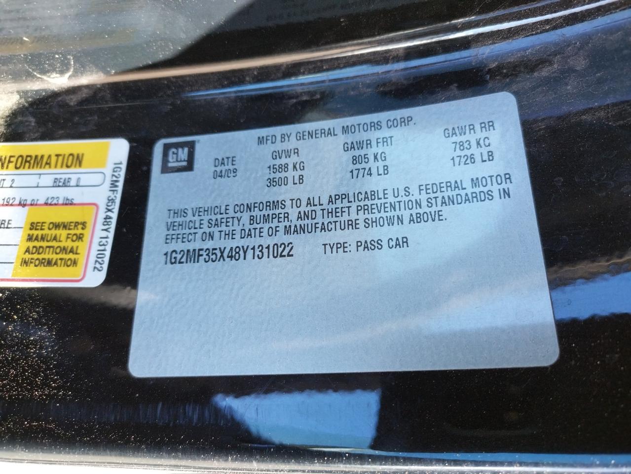 Photo 10 from auction – 2008 PONTIAC SOLSTICE G with VIN 1G2MF35X48Y131022