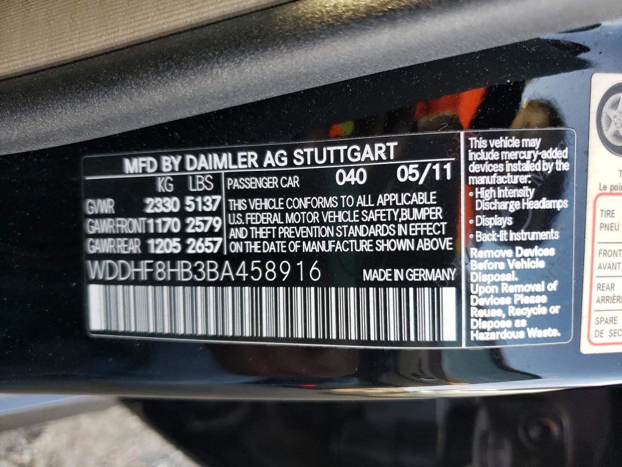 Photo 10 from auction – 2011 MERCEDES-BENZ E 350 4MAT with VIN WDDHF8HB3BA458916